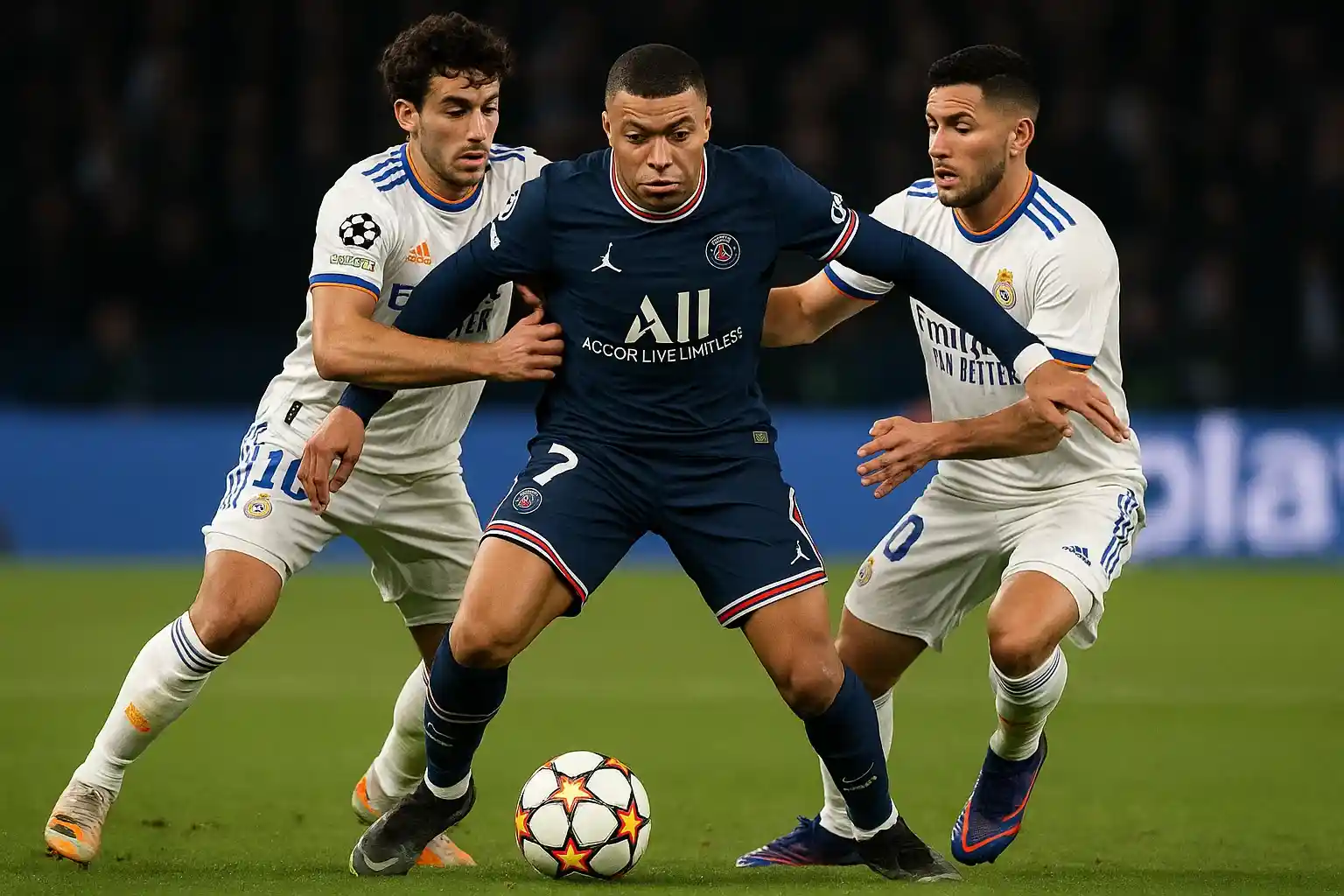 Mbappe bị kèm chặt, không thể bứt phá trong trận đấu với Real Madrid.